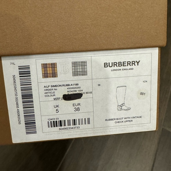 Genuine Burberry plaid rain boots. Worn once. Great condition with box. - Picture 6 of 7